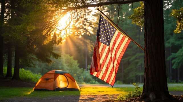 Sunlight camping scene with american flag and tent in forest park
