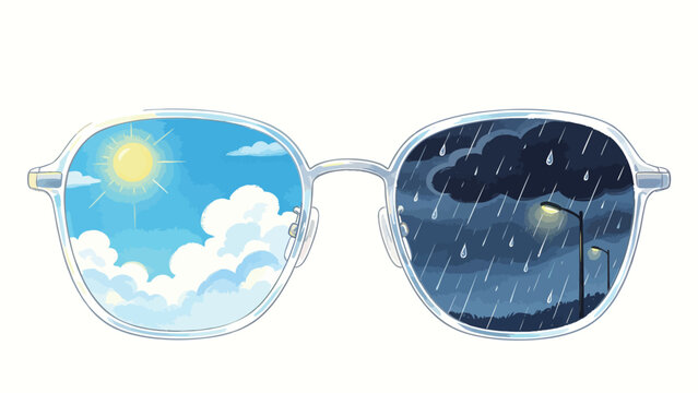 Whimsical conceptual illustration of eyeglasses with contrasting weather scenes: left lens sunny blue sky with clouds, right lens dark rainy night street scene, on plain white background