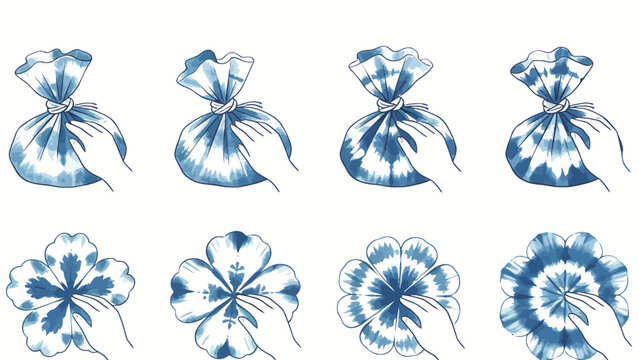 Four-stage step-by-step instructional illustration of traditional indigo shibori tie-dye, showing tied folded fabric progressing to unfolded dyed floral patterns