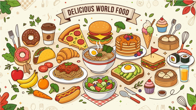A vibrant collection of hand drawn global cuisine icons including pizza burger sushi and ramen on a cream background with a decorative banner.