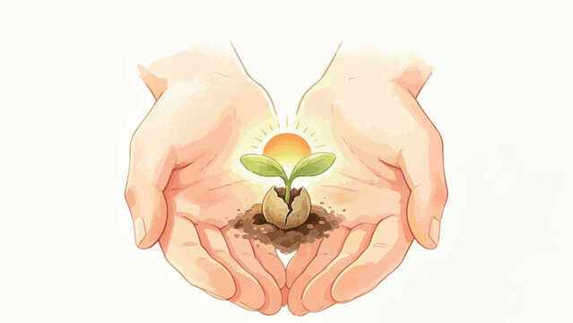 Soft Warm Watercolor Illustration of Cupped Human Hands Holding a Fresh Sprouting Seedling, Stylized Sun Evoking Nurturing Care, Hope and New Life