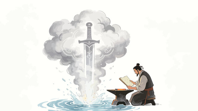 Traditional Chinese ink wash illustration of an ancient swordsmith kneeling beside a hot anvil, reading a scroll as a glowing mythic sword rises from smoking rippling water with ethereal cloud aura