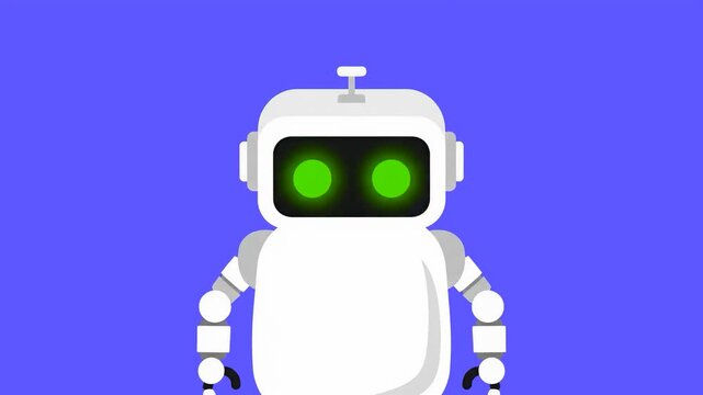 A professional 2D character design of a cute white robot featuring intense glowing green eyes on a vibrant blue background. Designed to capture viewer attention, this asset is ideal for tech startups,