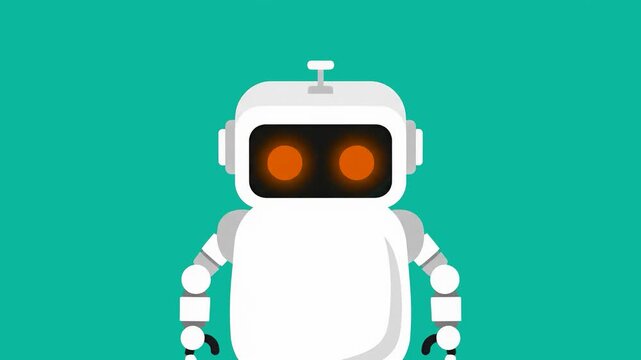 A clean, modern 2D animated robot character with vibrant glowing orange eyes, set against a solid turquoise background. This eye-catching mascot is perfect for technology-themed projects, AI-related b