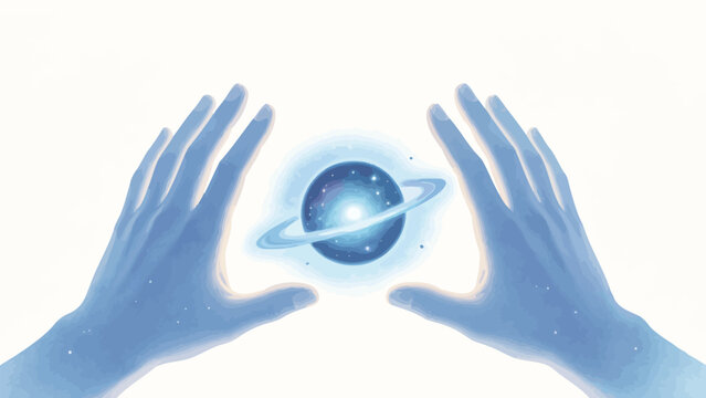 Ethereal Minimalist Illustration of Two Outstretched Hands Framing a Glowing Blue Ringed Planet Filled With Starlight Against Bright White Background
