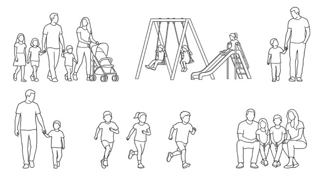 Children & Family CAD Elevation Figures &mdash; Playground, Stroller, Running Kids, Seated Groups Vector Entourage