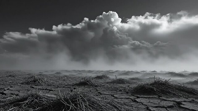 Dramatic monochrome landscape with cracked earth, windblown fog, and ominous clouds, evoking a sense of desolation.