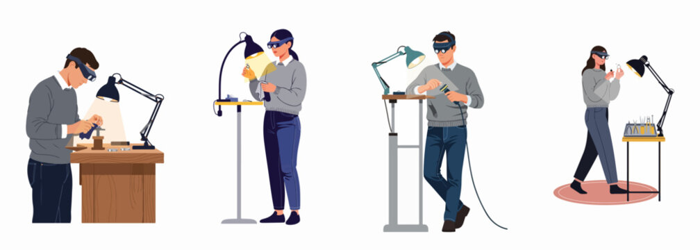 Set of diverse professional jewelers working at workbenches, inspecting and crafting fine jewelry with magnifying tools in a flat vector illustration style.