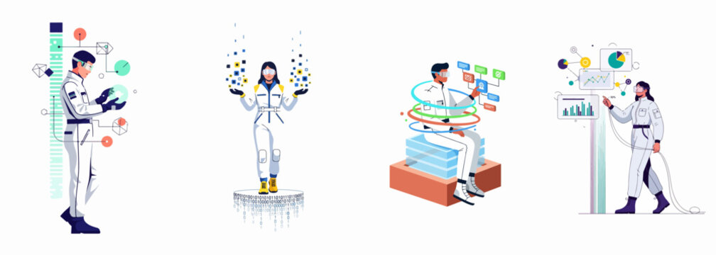 Set of flat vector illustrations depicting people in futuristic suits using virtual reality for data analysis and digital communication in the metaverse.