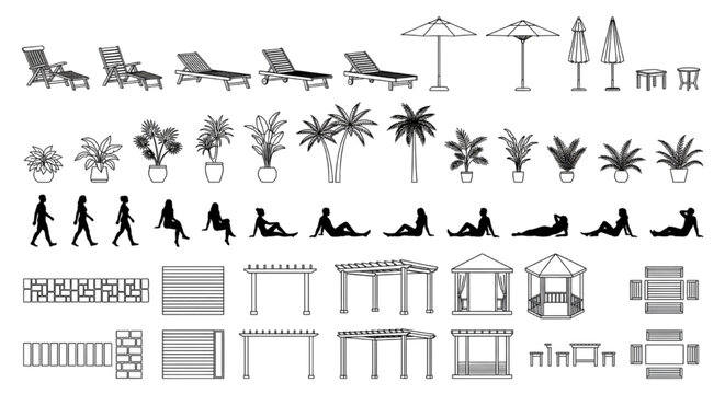 Poolside & Garden CAD Elevation Symbols &mdash; Loungers, Umbrellas, Palms, People Silhouettes & Pergola Structures Set