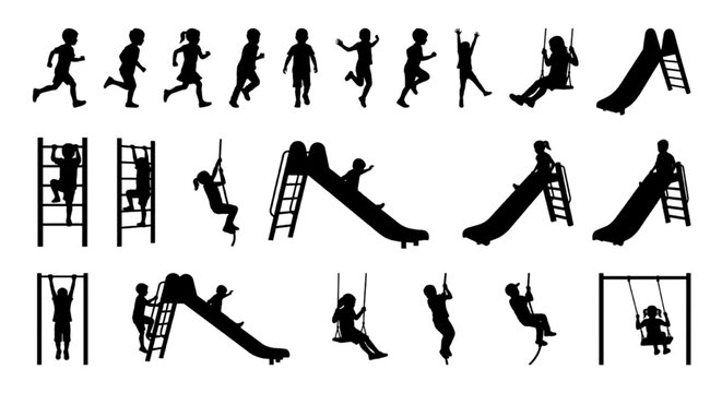 Children Playground Silhouette Set &mdash; Kids Running, Climbing, Sliding & Swinging Activity Figures for Architecture