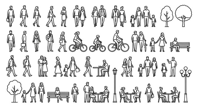 Architectural Human Figure CAD Elevation Symbols &mdash; Families, Cyclists, Seated & Standing People with Street Furniture