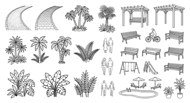 Landscape Isometric CAD Block Collection &mdash; Tropical Plants, Pergola, Playground, Garden Furniture Vector Set