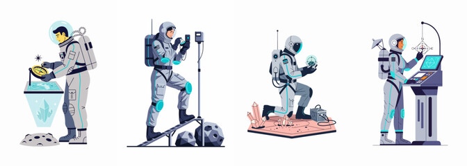 Flat vector illustration set of astronauts in space suits performing scientific research and navigation on another planet's surface. © Payandu