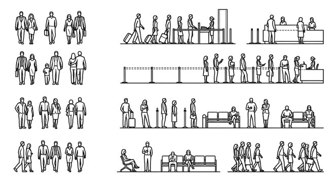 Airport & Transit Lounge Elevation CAD Block Set &mdash; Travelers, Queue, Check-in & Waiting Area Figures