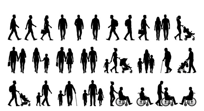 Inclusive Walking People Silhouette CAD Block Set &mdash; Families, Wheelchair Users, Strollers & Pedestrian Figures