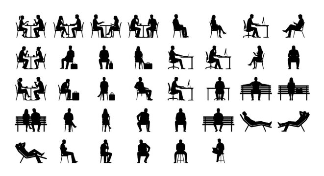 Seated Human Silhouette CAD Block Set &mdash; Office, Dining, Bench , Lounge Figure Elevation Collection
