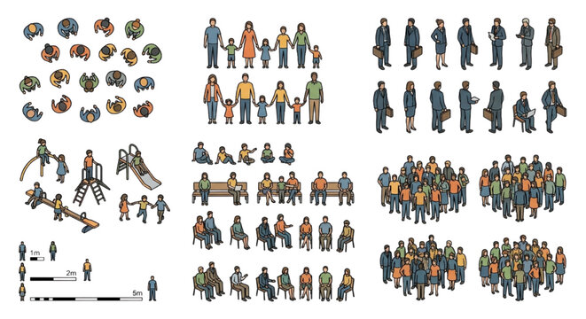 Isometric Colorful People & Playground Figure Set &mdash; Families, Crowds, Seated & Activity Groups for Renders