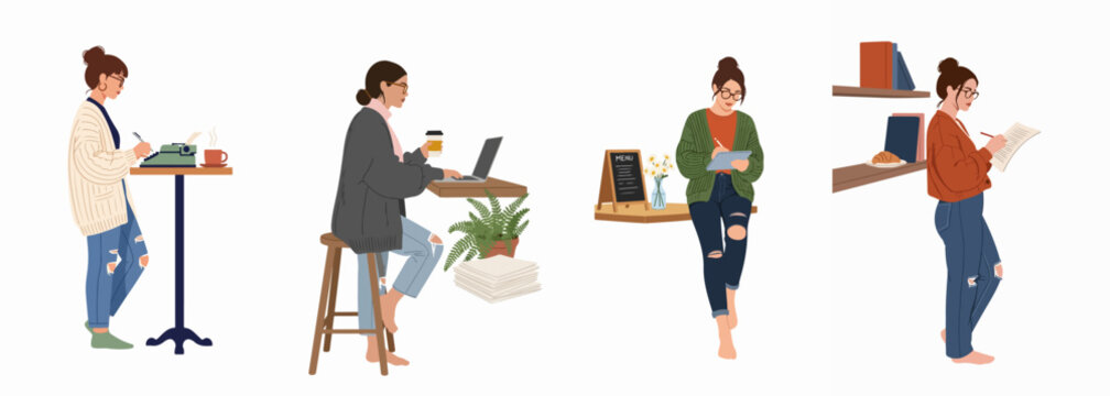 Collection of flat illustrations depicting a young creative woman working remotely in various settings using a laptop, typewriter, tablet, and notepad