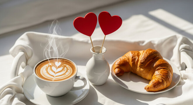 Romantic breakfast in bed with coffee croissant and red hearts perfect for beautiful valentines day surprises and sweet mornings