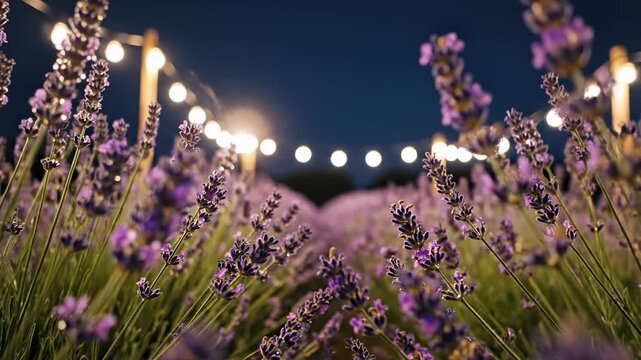 Rows of lavender flowers illuminated by warm string lights at dusk, creating a magical and serene atmosphere, romantic garden setting