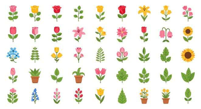 A charming collection of stylized floral illustrations, featuring various flowers and plants in a vibrant color palette