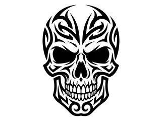 Fototapeta premium Bold black tribal tattoo stencil design of a skull, aggressive tribal curves and geometric shapes defining the structure