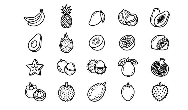 A vector illustration collection of fresh fruit icons arranged evenly on a solid white background. The set includes apples, bananas, oranges, pineapples, strawberries, mangoes, kiwis, pears, coconuts,