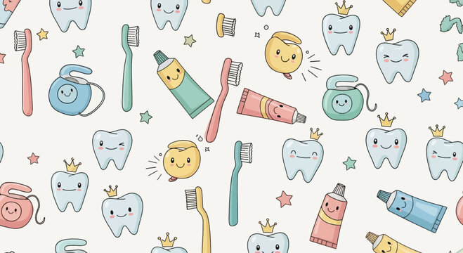 Cute Kawaii Teeth Characters with Toothbrushes and Toothpaste Seamless Pattern