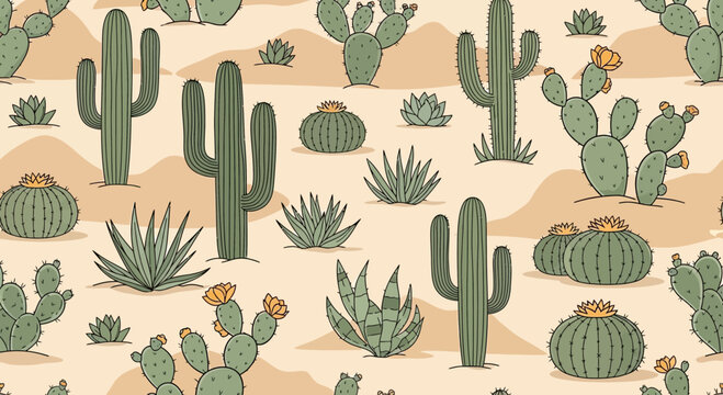 Desert Landscape Seamless Pattern with Various Cacti and Agave Plants