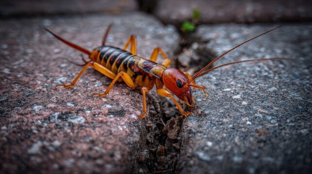Detailed macro view of an earwig with distinctive cerci exploring a stone crack outdoors
