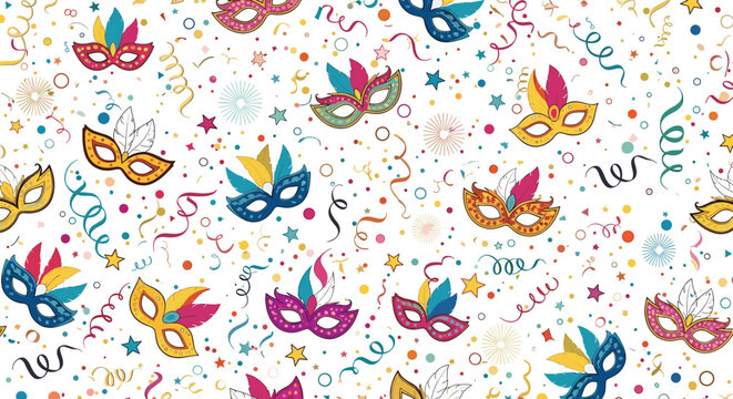 Vibrant carnival background displays colorful masquerade masks, sparkling confetti, and winding streamers on a white blank backdrop.