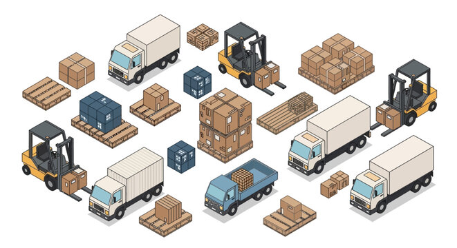 Isometric vector illustration set depicting logistics and supply chain operations, featuring delivery trucks, forklifts, pallets, and packaged goods for efficient warehouse management