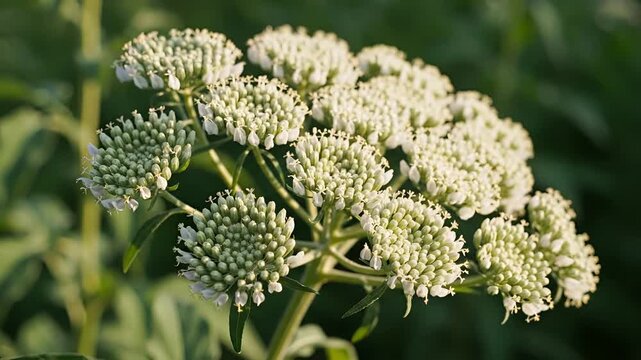 Closeup of a cluster of white flowers in bloom.
