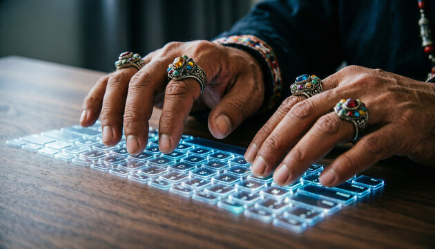 Close Up of Old Hands with Ornamental Vintage Rings Typing on Futuristic Hologram Keyboard