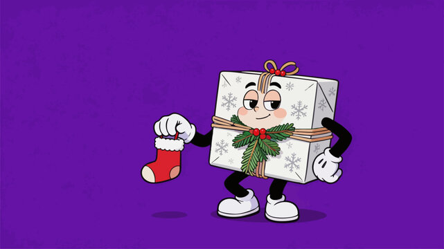 Cartoon Gift Box Character Holding Christmas Stocking