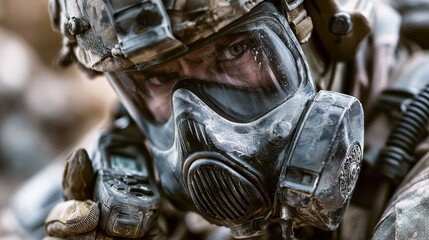 Fototapeta premium Soldier operates a handheld chemical detection device during a CBRN (Chemical, Biological, Radiological, Nuclear) training exercise.