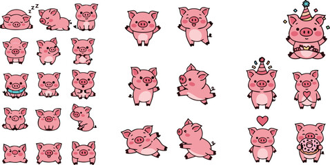 Cute pig character vector collection featuring hand drawn kawaii piglets in various poses including sleeping, dancing, eating, and celebrating for nursery decor and stickers © Yevhenii creative