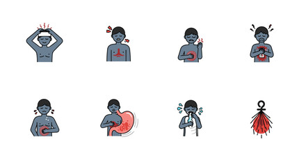 Fototapeta premium Medical symptoms icons set depicts a person experiencing different types of physical pain including headaches and stomach aches.