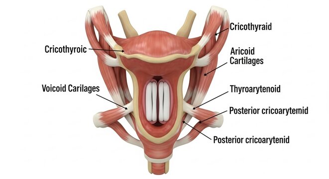 Anatomical Illustration of the Human Larynx and Vocal Cords.