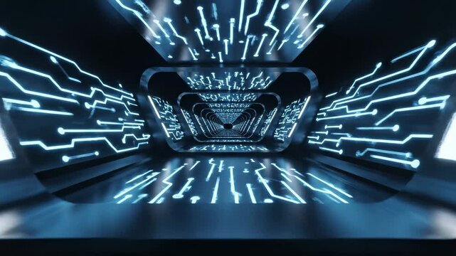 Futuristic digital tunnel with glowing blue circuit board patterns on walls and floor, representing data flow and technology advancement