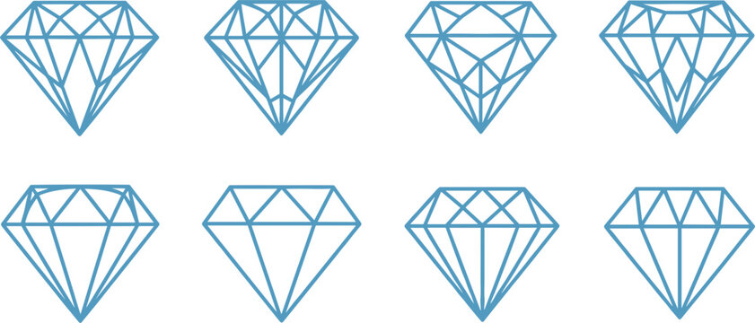blue line art diamond gemstone icon set with geometric crystalline structures and brilliant jewelry facets for luxury branding fashion logo and