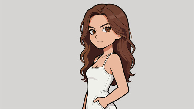 Cartoon female character with wavy brown hair in white camisole