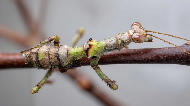 Perfectly camouflaged stick insect meticulously blending with a brown twig, showcasing remarkable natural mimicry.