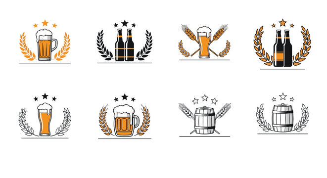 Brewery logo collection features eight circular designs with beer glasses, bottles, and kegs framed by wheat stalks and gold stars.
