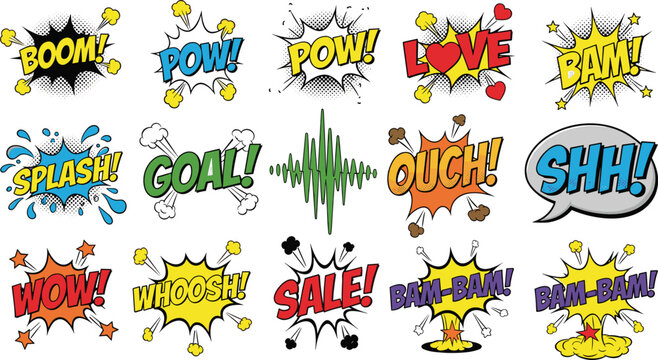 mega pop art comic speech bubble set with text expressions boom splash pow goal love wow and sale for cartoon sound effect graphic designs