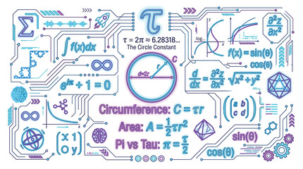 Fototapeta premium Abstract digital illustration of mathematical formulas, symbols, and concepts on a circuit board background.