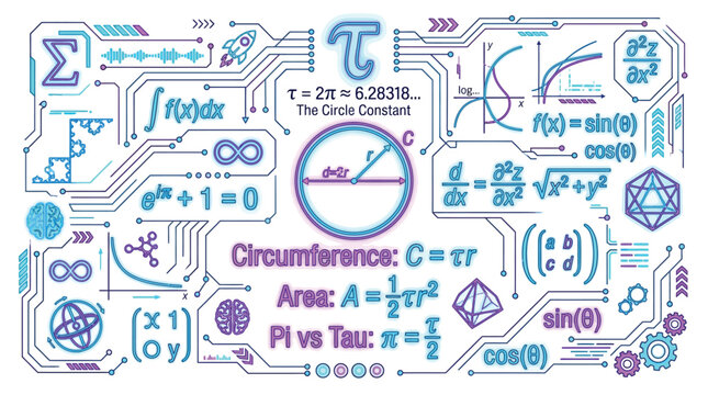 Abstract digital illustration of mathematical formulas, symbols, and concepts on a circuit board background.