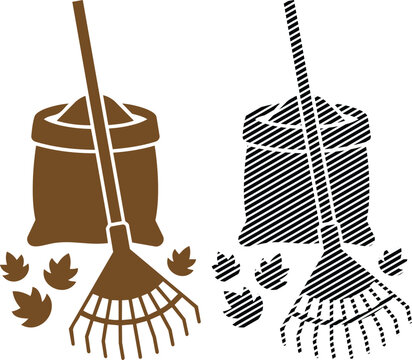 Autumn garden leaf rake and storage sack vector illustration for seasonal yard work task.