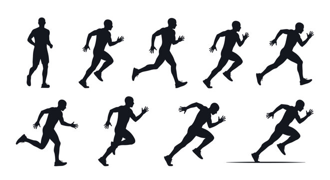 Sequence of a male runner silhouettes showing various stages of the running cycle from start to full sprint on white.